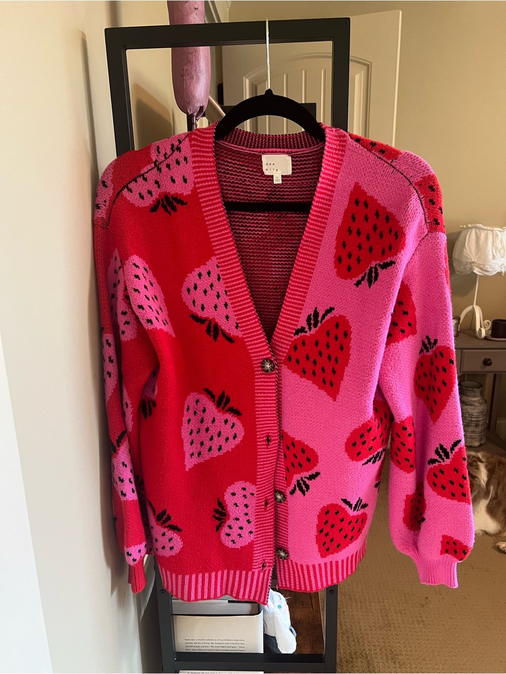 Cute Strawberry Colorblock Cardigan Sweater - Pink/Red